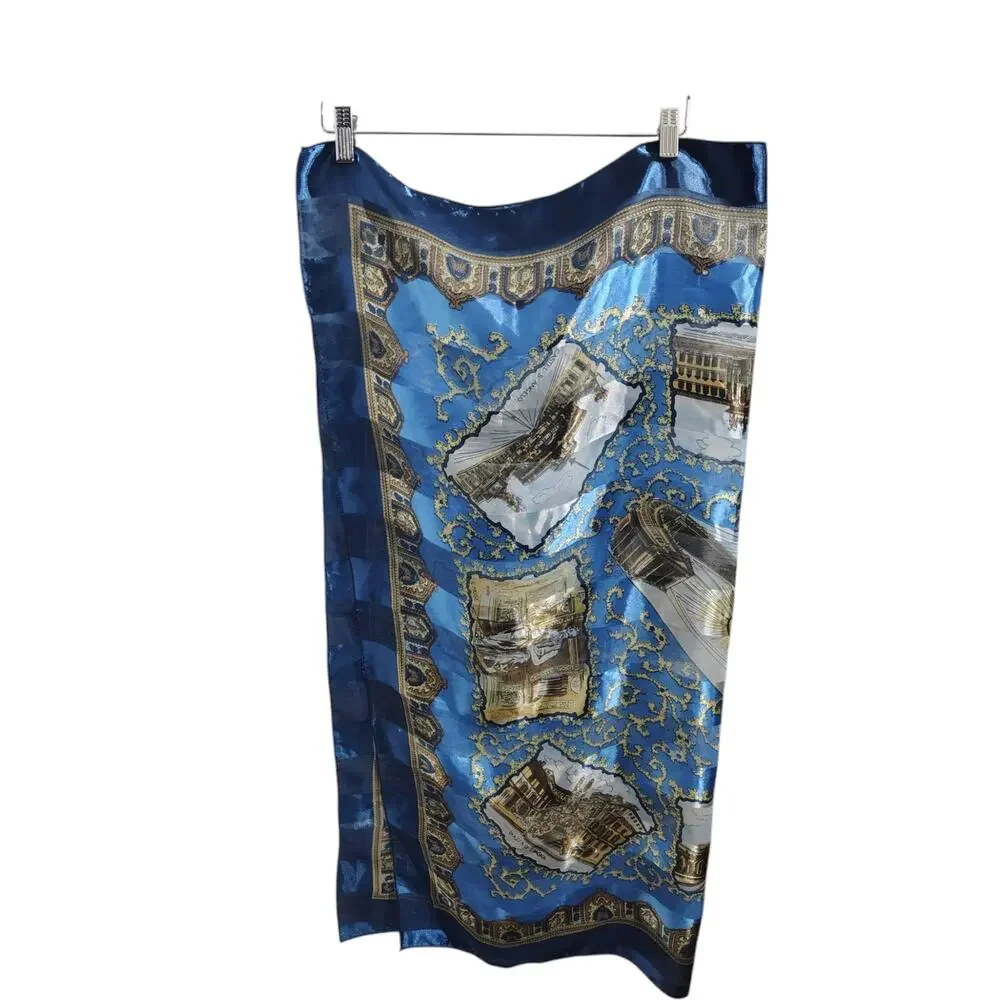 Vintage Blue European Landmark Scarf Baroque Satin Souvenir Scarf Italy Paris